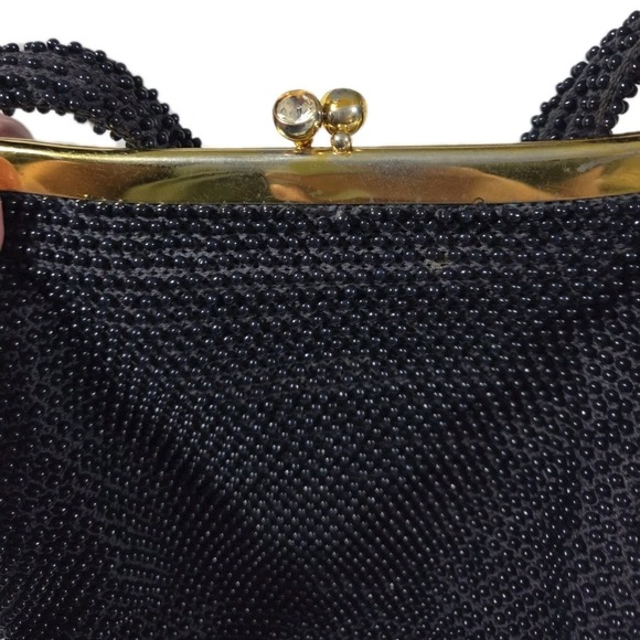 Vintage Beaded Handbag Tote Black Gold Snap Closure - Picture 7 of 8